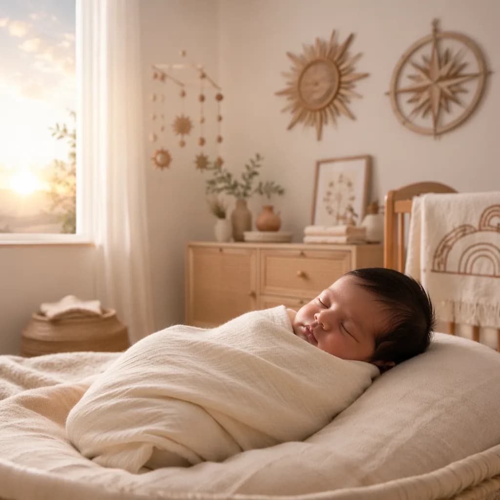 Sleeping baby in a warm pastel nursery with soft sunrise light and subtle Indian-inspired decor.