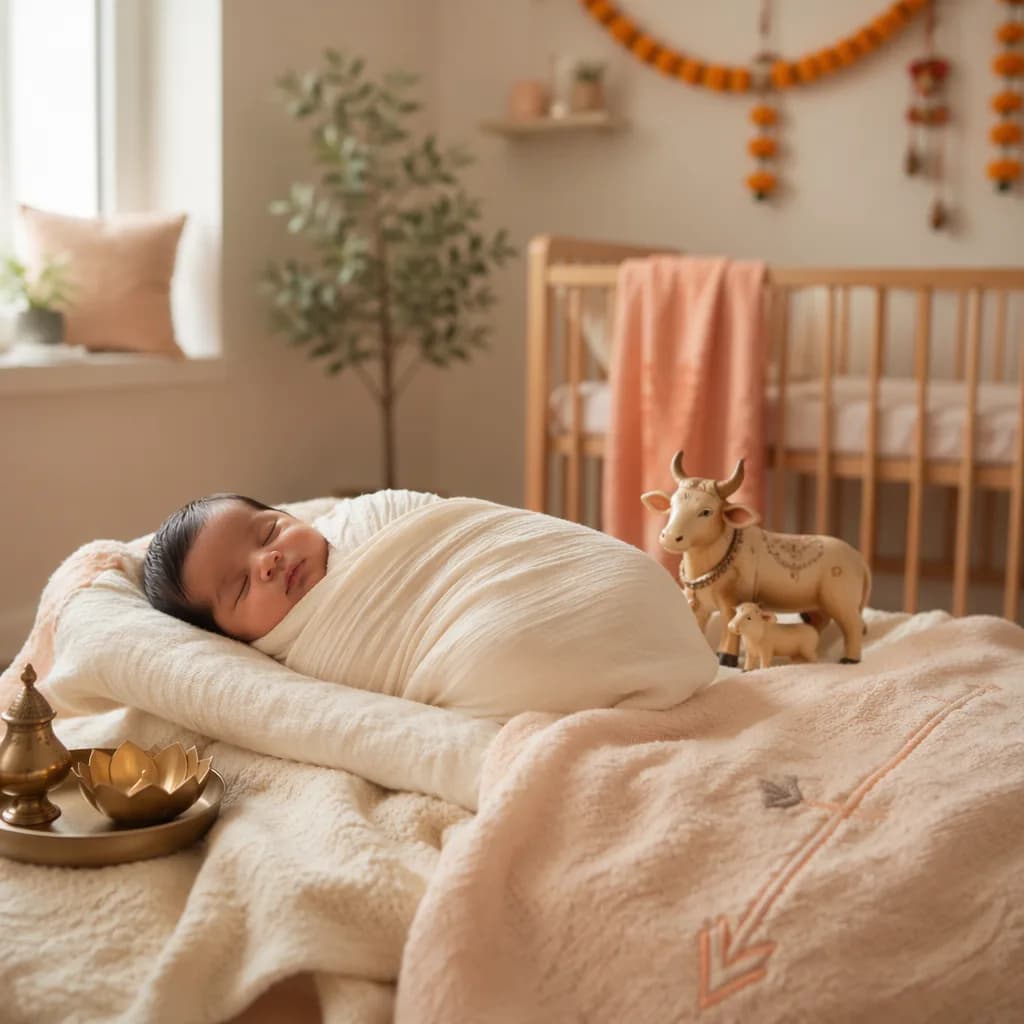 A swaddled newborn in a softly lit pastel nursery with gentle Indian-inspired decor.