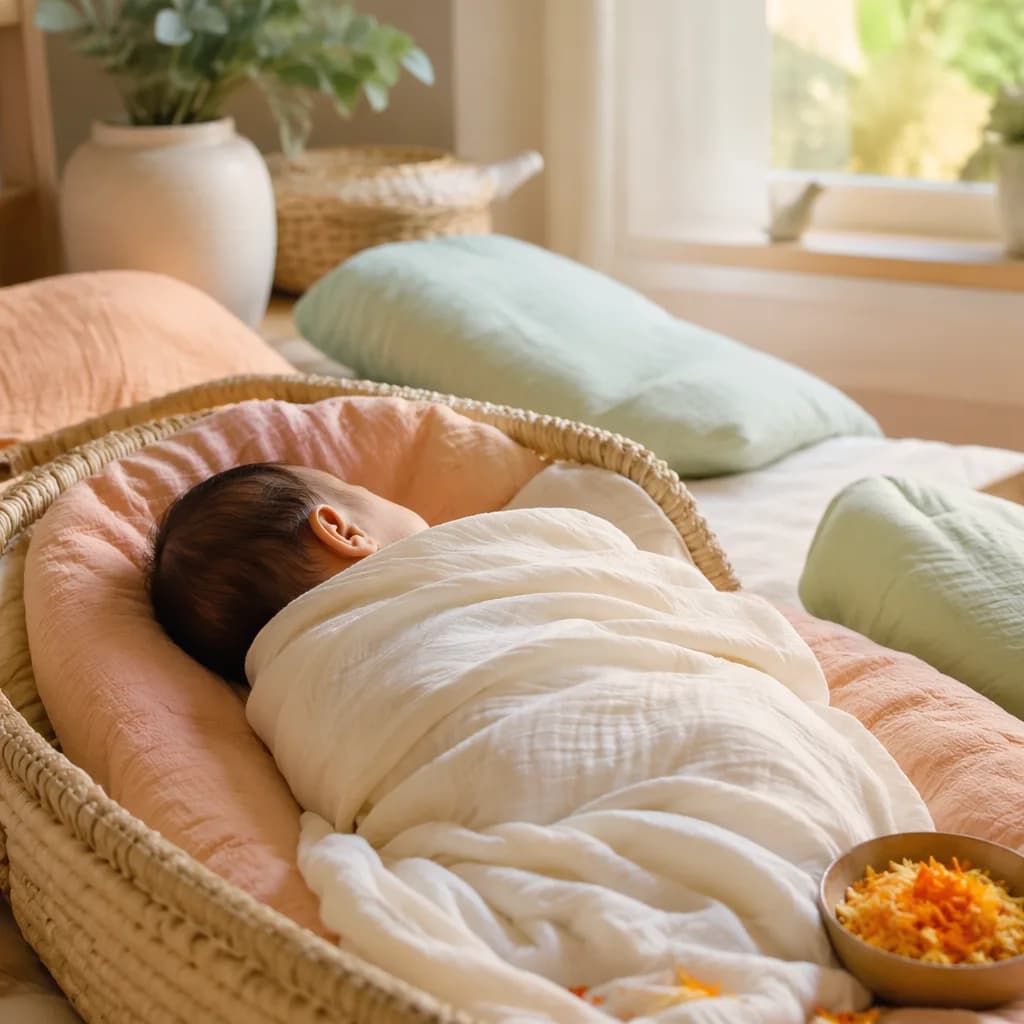 Sleeping swaddled baby in a warm pastel nursery with gentle Indian-inspired details