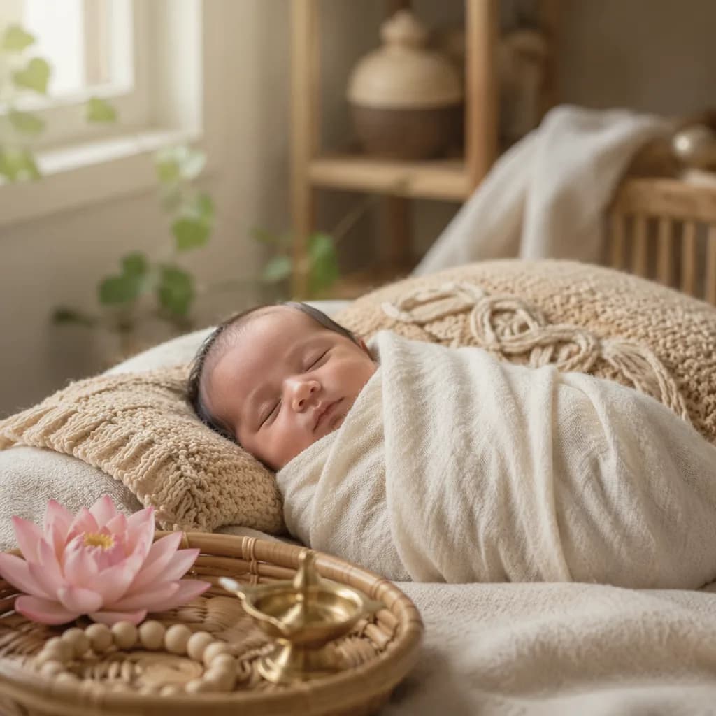 Sleeping swaddled baby in a softly lit nursery with lotus and brass accents.