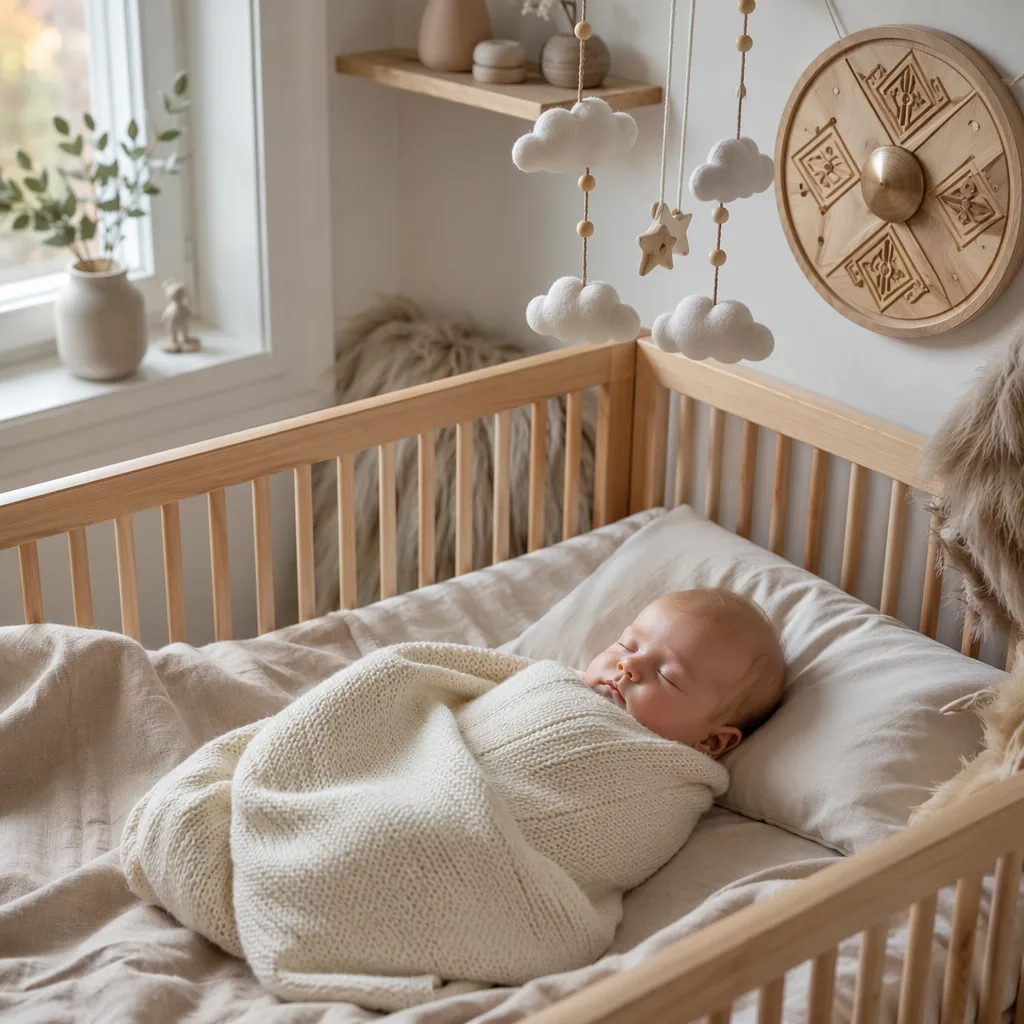 Sleeping baby in a cozy Scandinavian nursery with soft Nordic-inspired details.