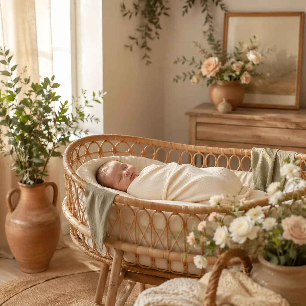 A peaceful newborn in a cozy pastel nursery with soft florals and warm natural light.