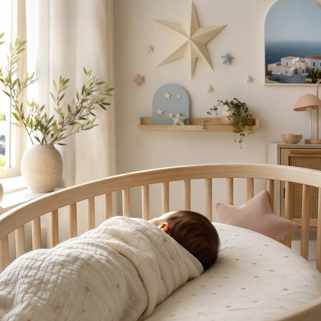 A serene pastel nursery with a swaddled baby and subtle star-shaped decor.