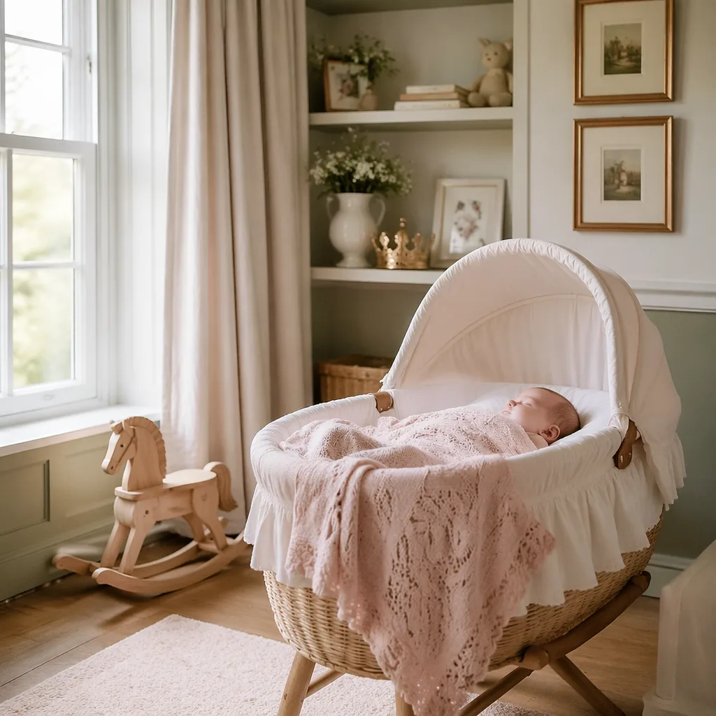 Sleeping baby in a soft pastel English-style nursery with gentle heirloom details.