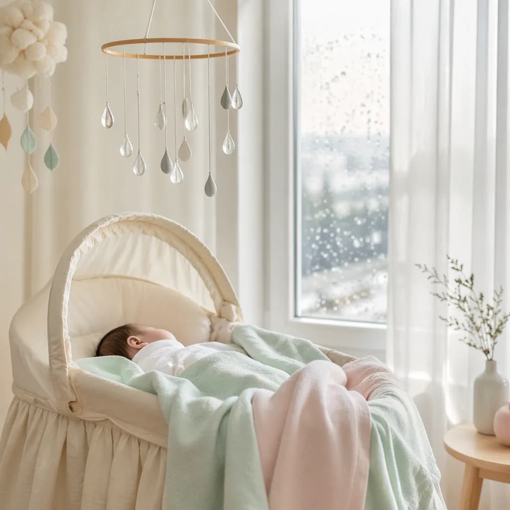 Cozy Korean-inspired nursery with a sleeping baby and silver raindrop mobile.