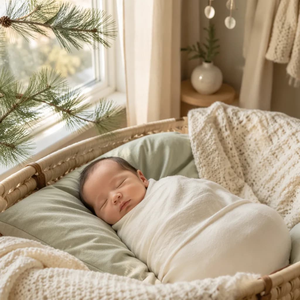 Sleeping baby in a soft nursery with pine sprigs and gentle pastel light.