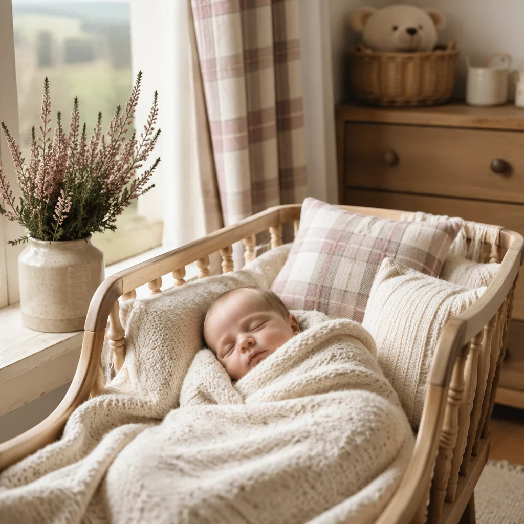 Sleeping baby in a soft Scottish-inspired nursery with pastel tartan and heather accents