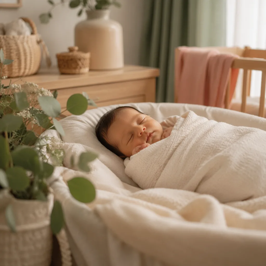 A sleeping newborn in a soft pastel Portuguese-inspired nursery.