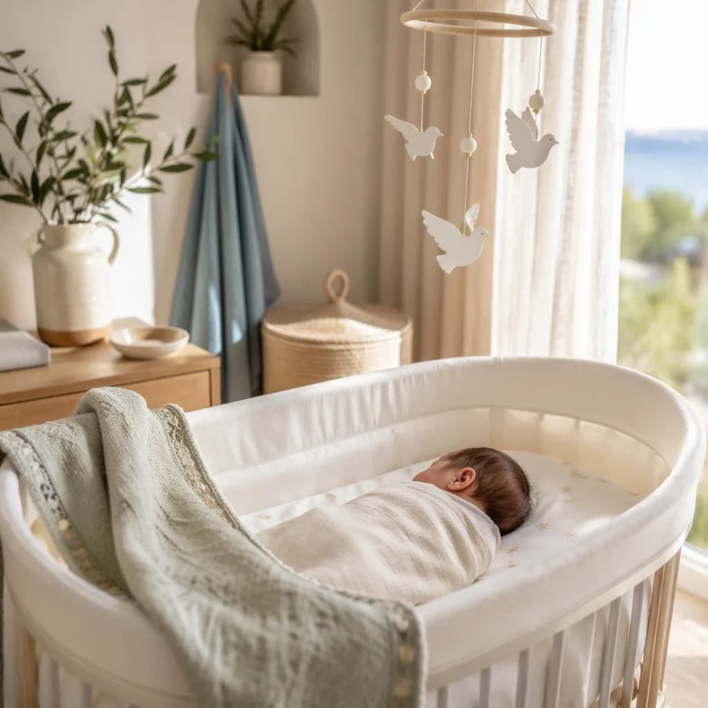 A peaceful Greek-inspired nursery with a swaddled sleeping baby, olive branch, and dove mobile in soft natural light.