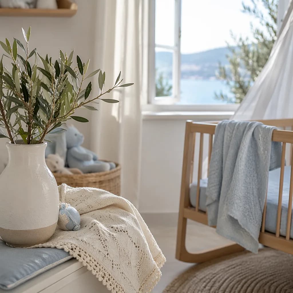 Soft Greek-inspired nursery with olive branch and baby blanket in gentle morning light.