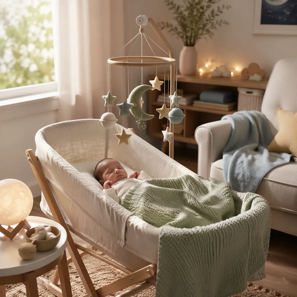 A peaceful pastel nursery with a sleeping baby and celestial mobile.