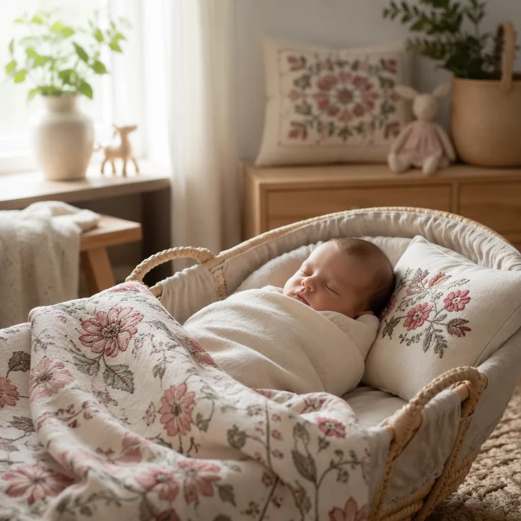 A softly lit cozy nursery with a swaddled newborn and subtle Polish-inspired pastel details.