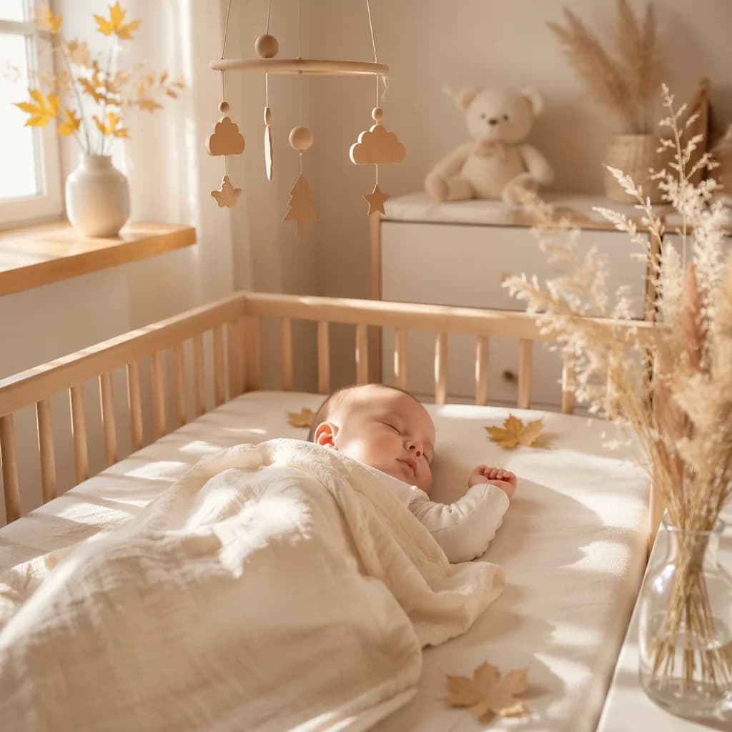 A serene pastel nursery with a sleeping baby, soft autumn accents, and gentle natural light.