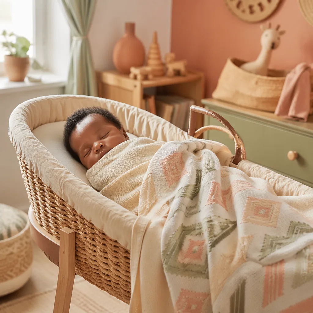 Nigerian baby sleeping in a warm pastel nursery with soft Igbo-inspired accents