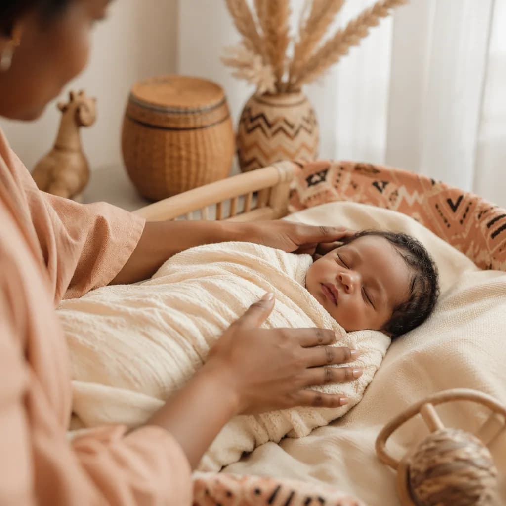 Sleeping baby in a warm Igbo-inspired nursery with soft motherly hands nearby