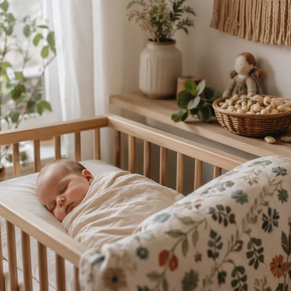 A softly lit cozy nursery with a sleeping swaddled baby and gentle natural accents inspired by the name Fabian.