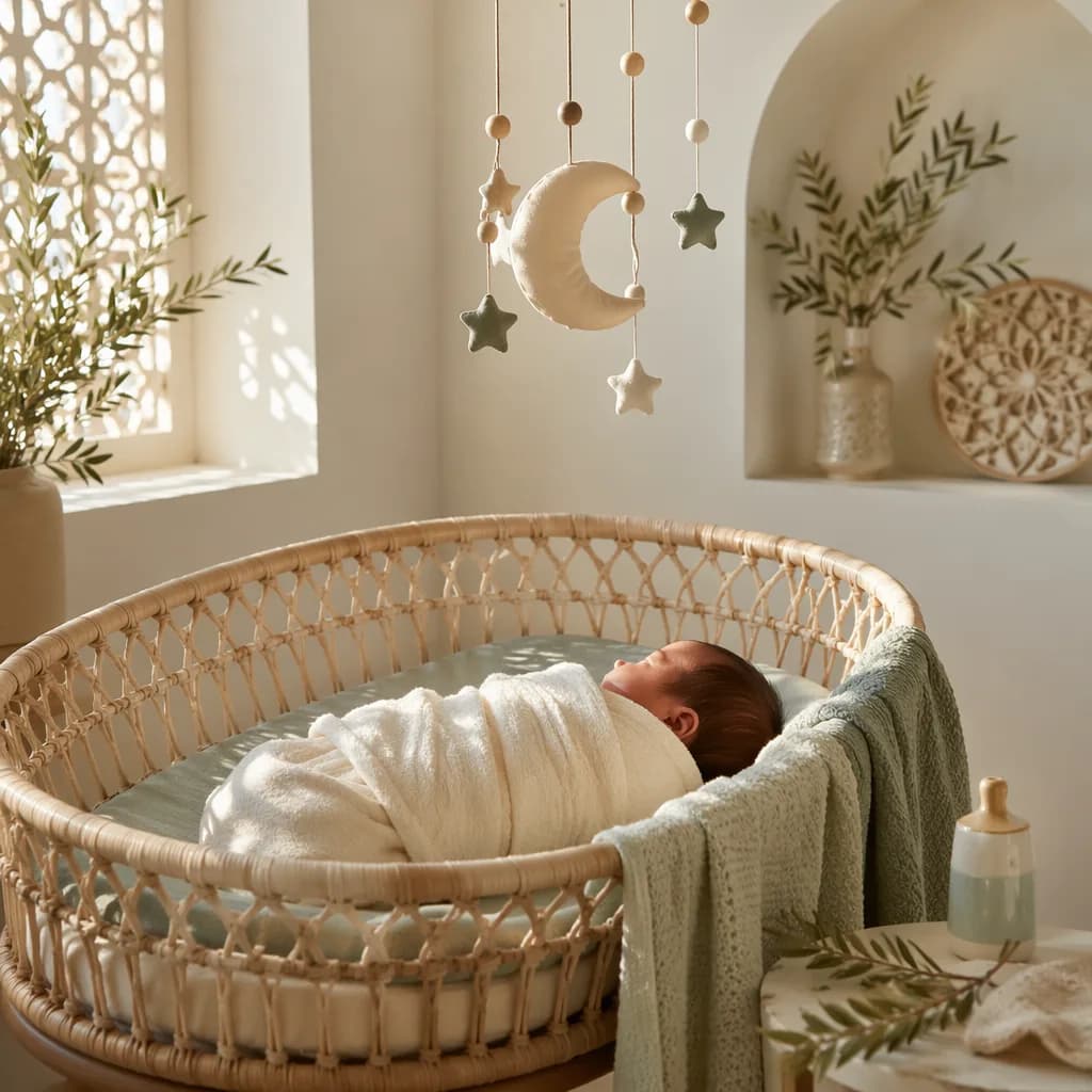 A swaddled newborn in a softly lit Arabic-inspired nursery with pastel tones and a crescent mobile.