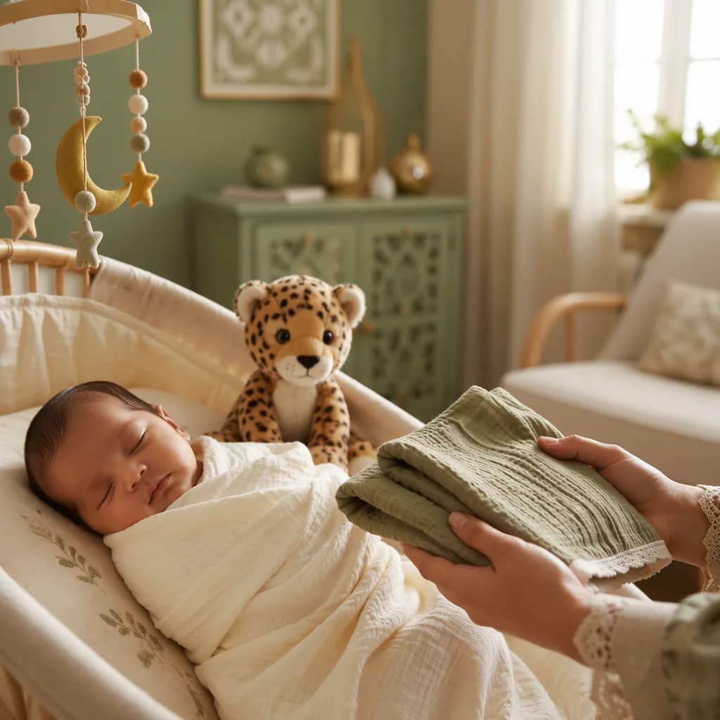 A peaceful newborn in a soft Urdu-inspired nursery with a plush leopard cub and warm natural light.