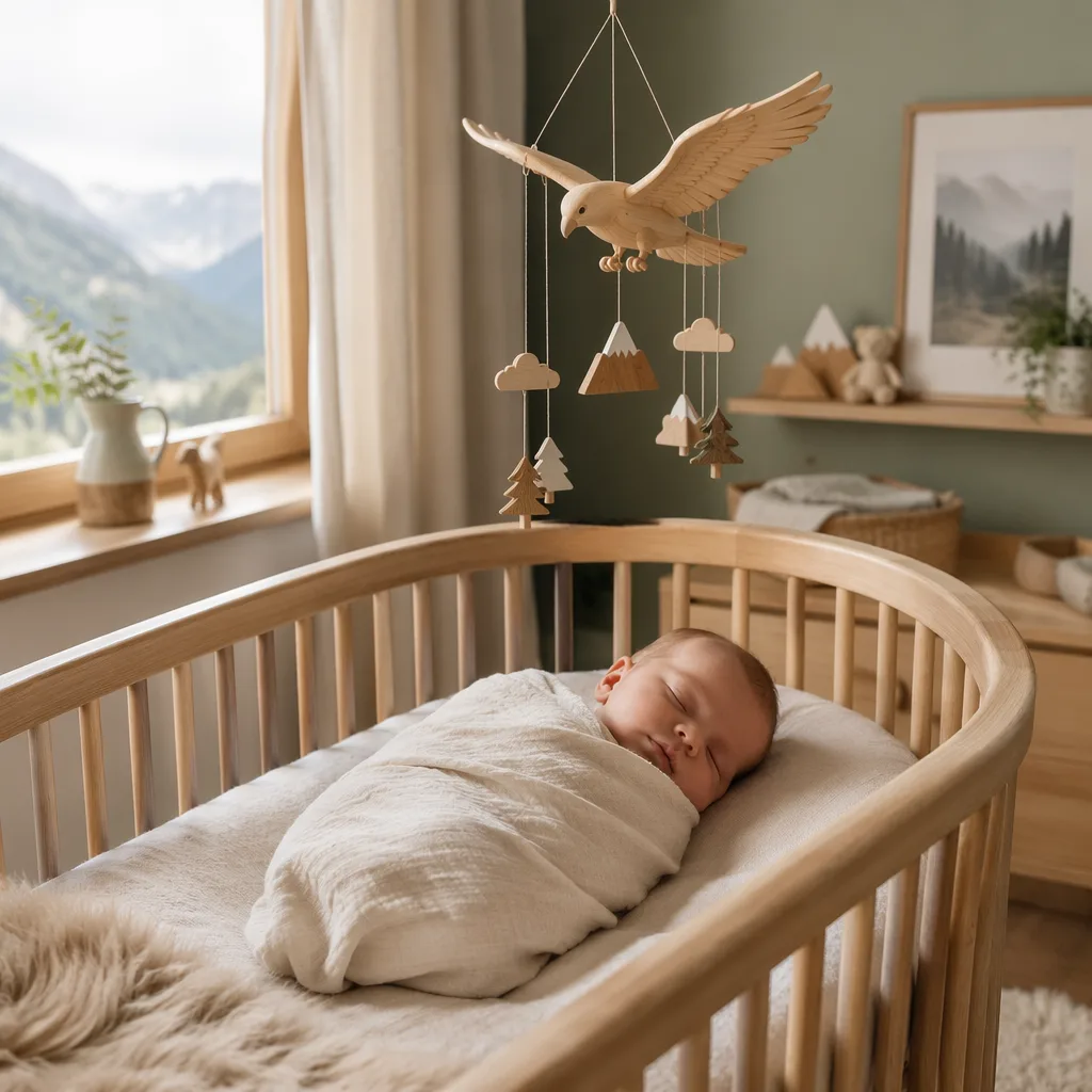 Soft nursery scene with a sleeping baby and falcon-shaped wooden mobile.
