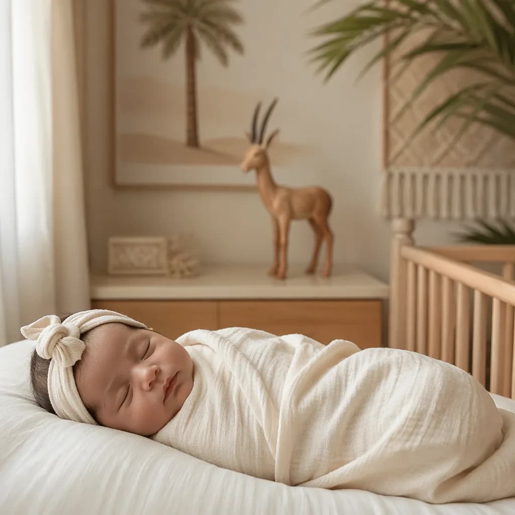 Sleeping newborn in a soft pastel nursery with a wooden gazelle figurine.