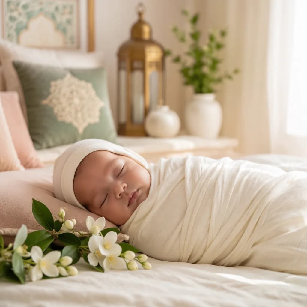 Sleeping swaddled baby in a soft nursery with jasmine flowers and warm natural light.