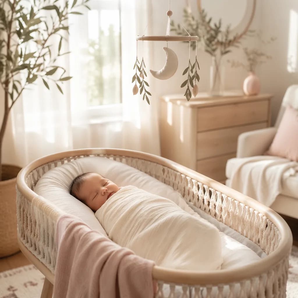 A peaceful swaddled baby in a softly lit modern nursery with gentle Arabic-inspired accents.