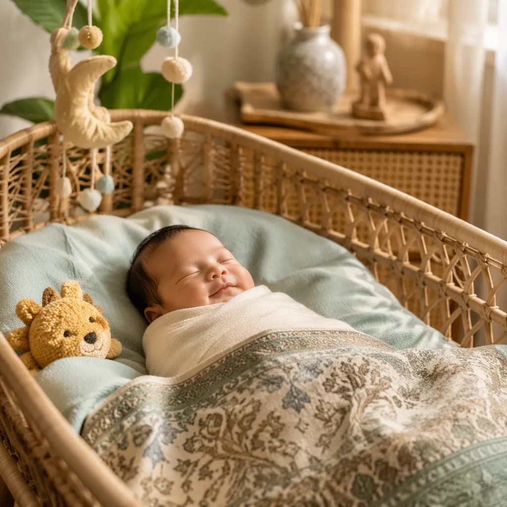 Sleeping newborn in a warm Indonesian-inspired nursery with soft pastel decor.