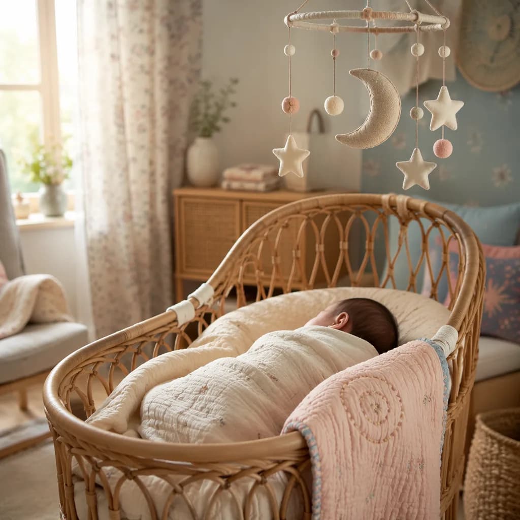 Sleeping Bengali baby in a soft pastel nursery with a crescent moon mobile.