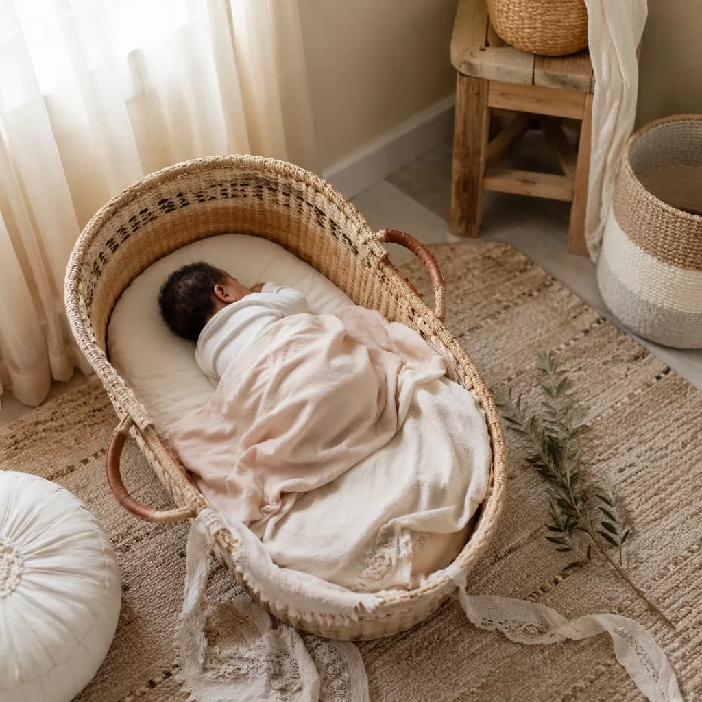Peaceful baby in a woven bassinet in a soft pastel Swahili-inspired nursery.