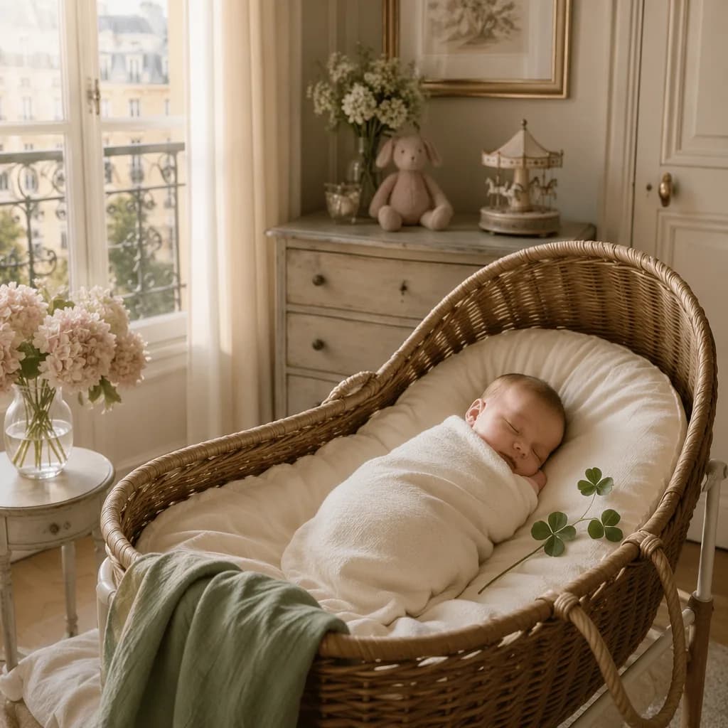 A peaceful newborn in a soft French-inspired nursery with lucky clover accents.
