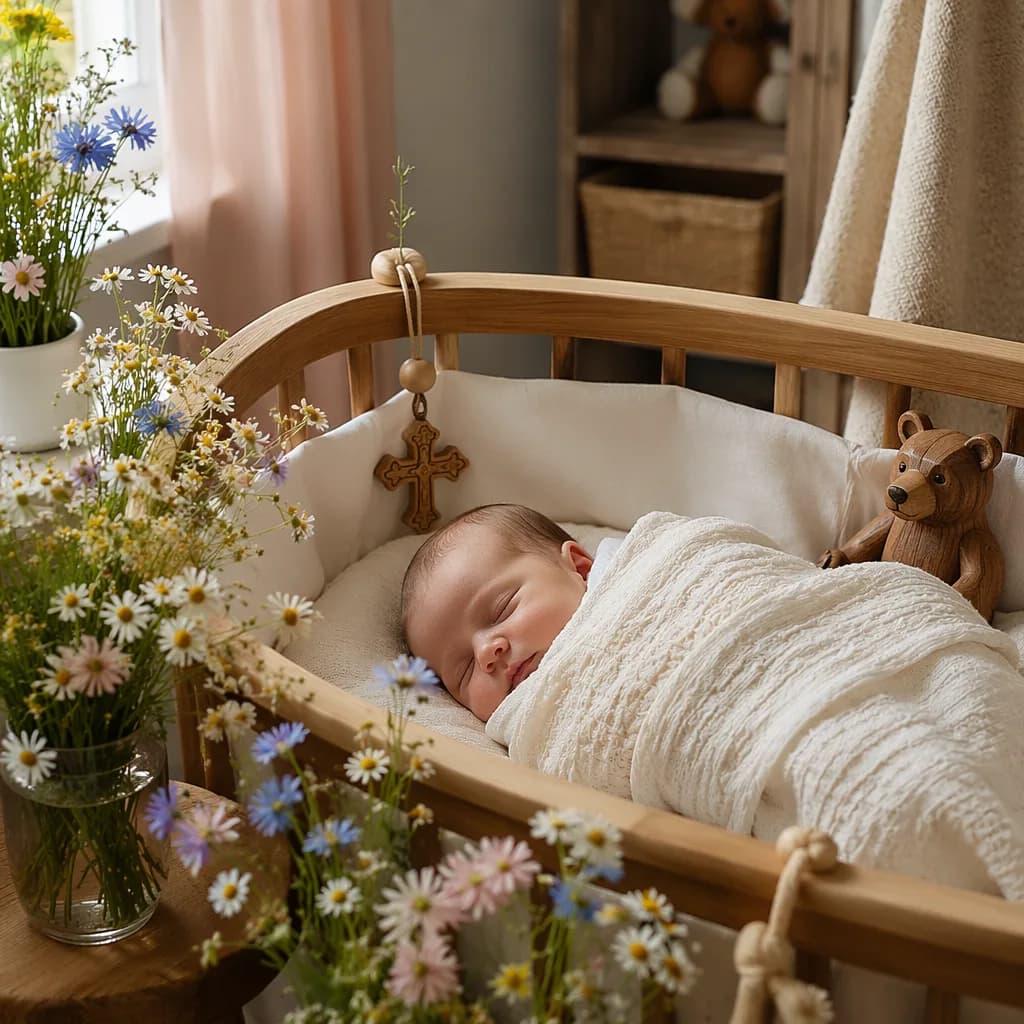 Sleeping baby in a cozy pastel nursery with flowers and a wooden bear toy.