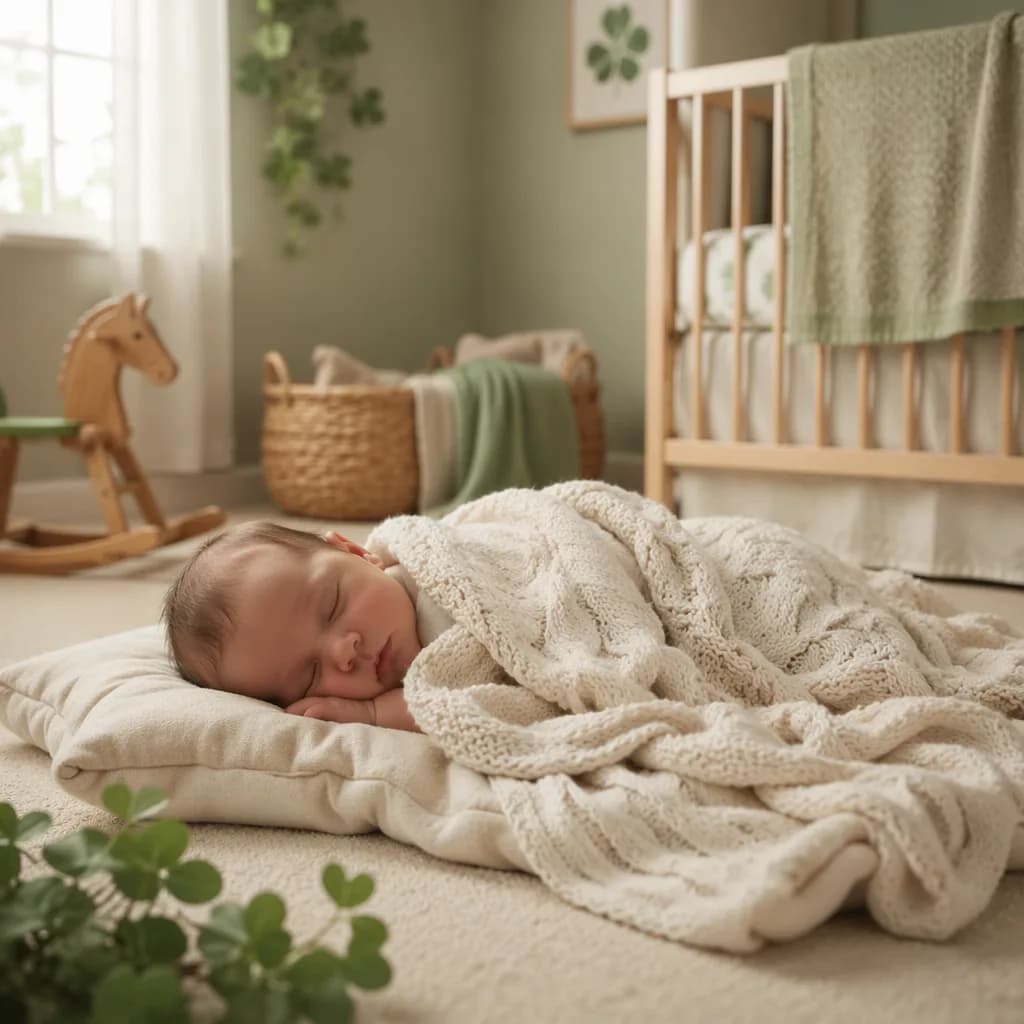 Sleeping newborn in a soft Irish-inspired nursery with sage green accents.