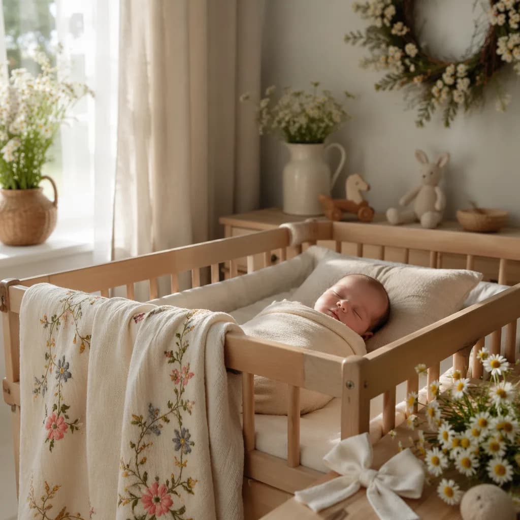 A softly lit pastel nursery with a sleeping swaddled baby and delicate Polish-inspired floral details.