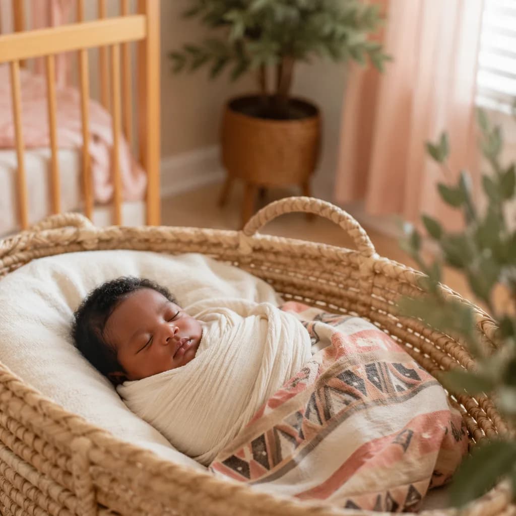 A peaceful swaddled baby in a warm, cozy nursery with soft Yoruba-inspired accents.
