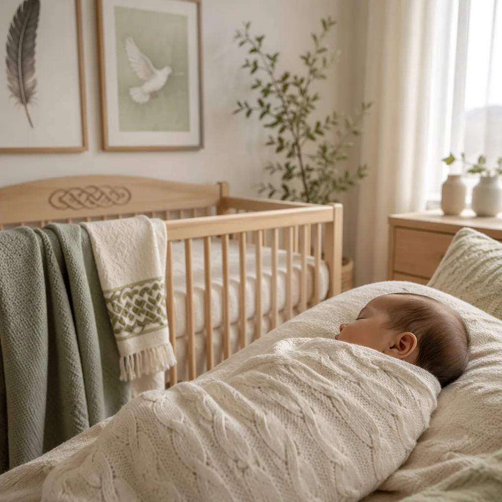 Soft Irish-inspired nursery scene with a sleeping baby, sage blanket, raven feather, and dove motif.