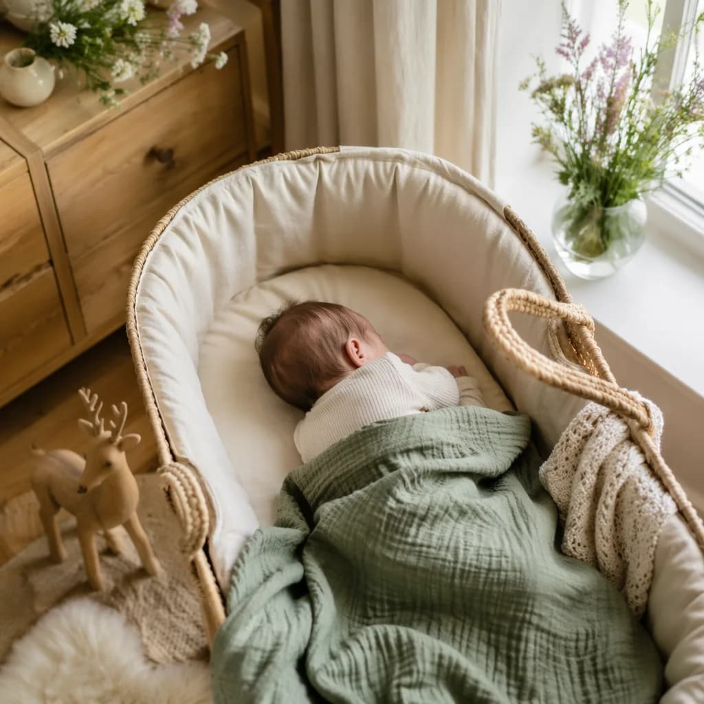 Soft Irish-inspired nursery with a sleeping newborn, deer motif, wildflowers, and golden accents.