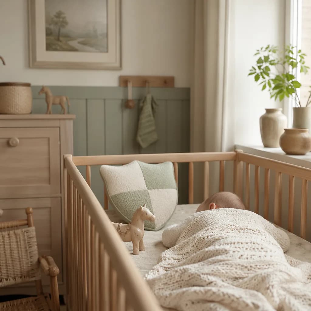 A peaceful baby nursery with a sleeping newborn, wooden toy horse, and soft protective decor.
