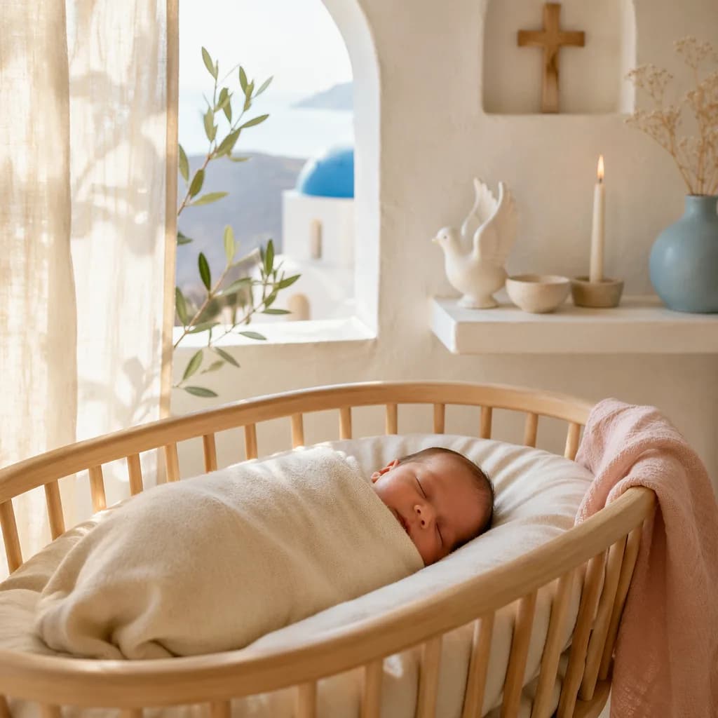 A peaceful newborn sleeping in a Greek-inspired pastel nursery with olive branch and soft morning light.