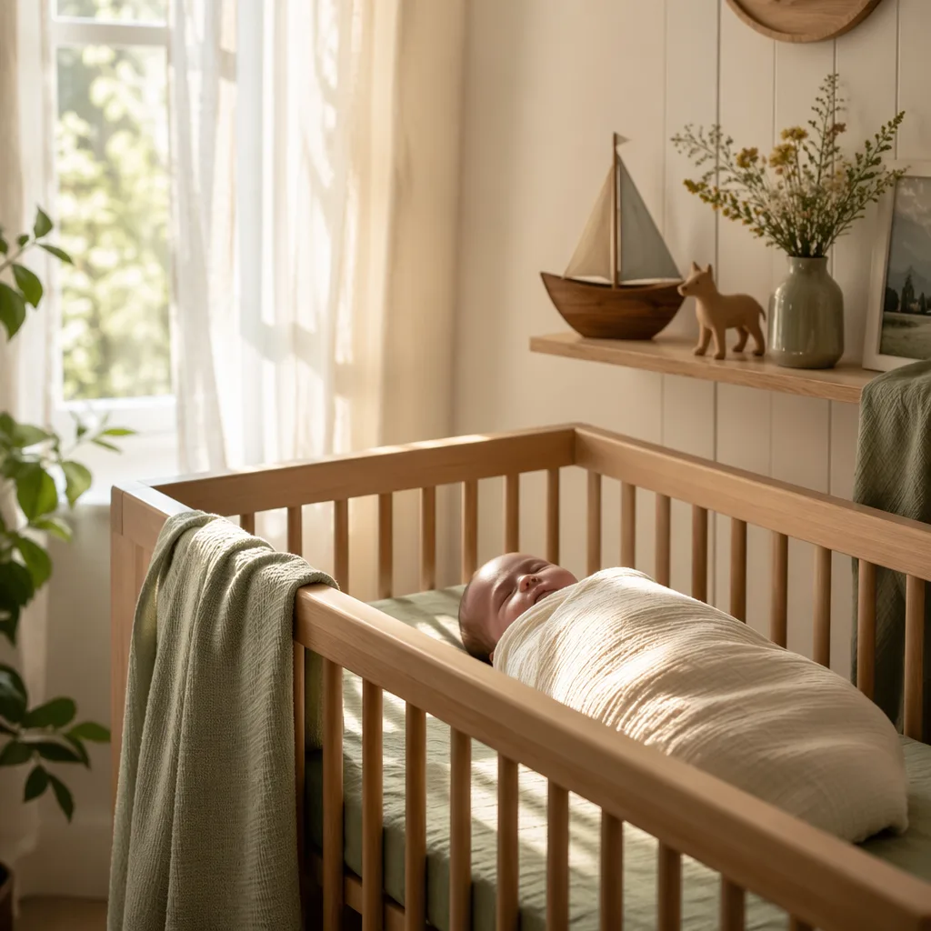 A serene pastel nursery with a swaddled sleeping baby in soft morning light.