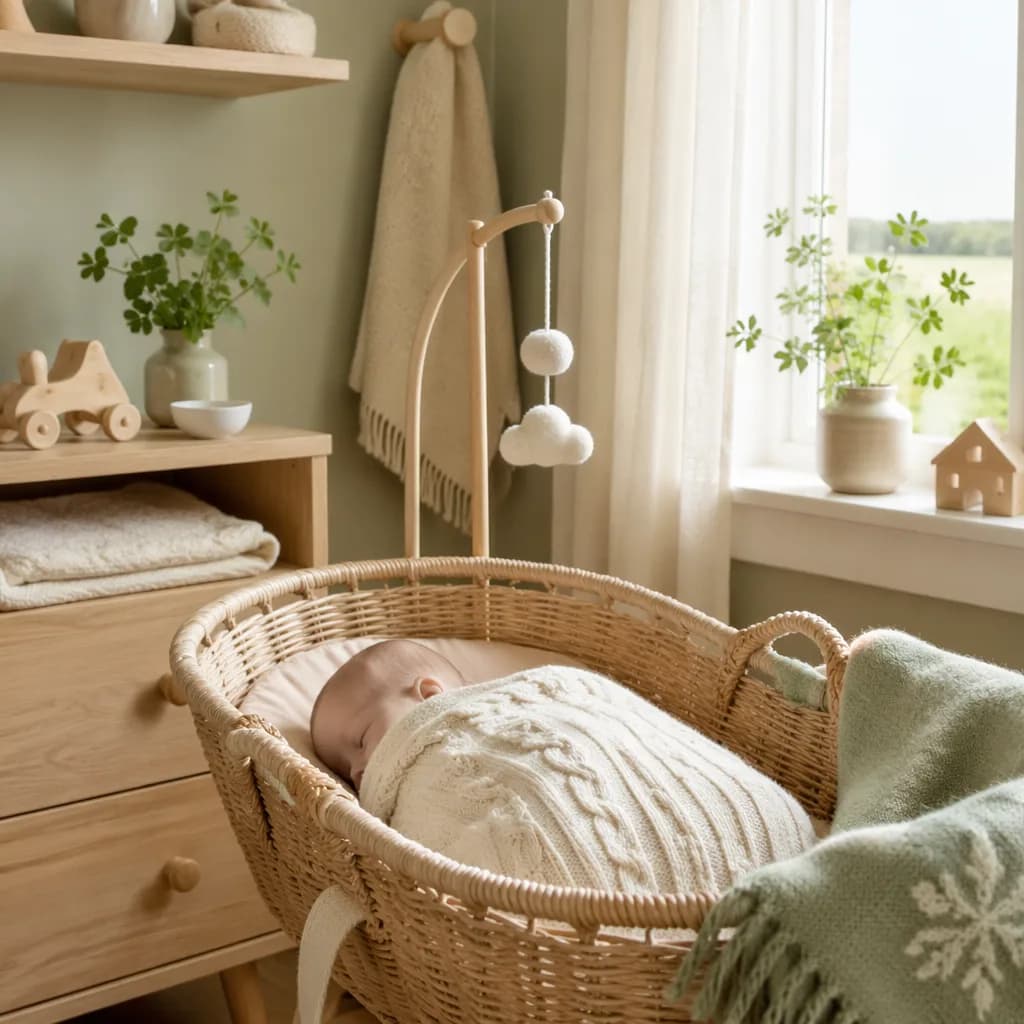 Cozy pastel nursery with a swaddled baby and subtle Irish-inspired details for the name Finn.