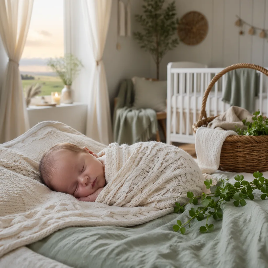Sleeping baby in a soft Irish-inspired nursery with warm light and pastel decor.