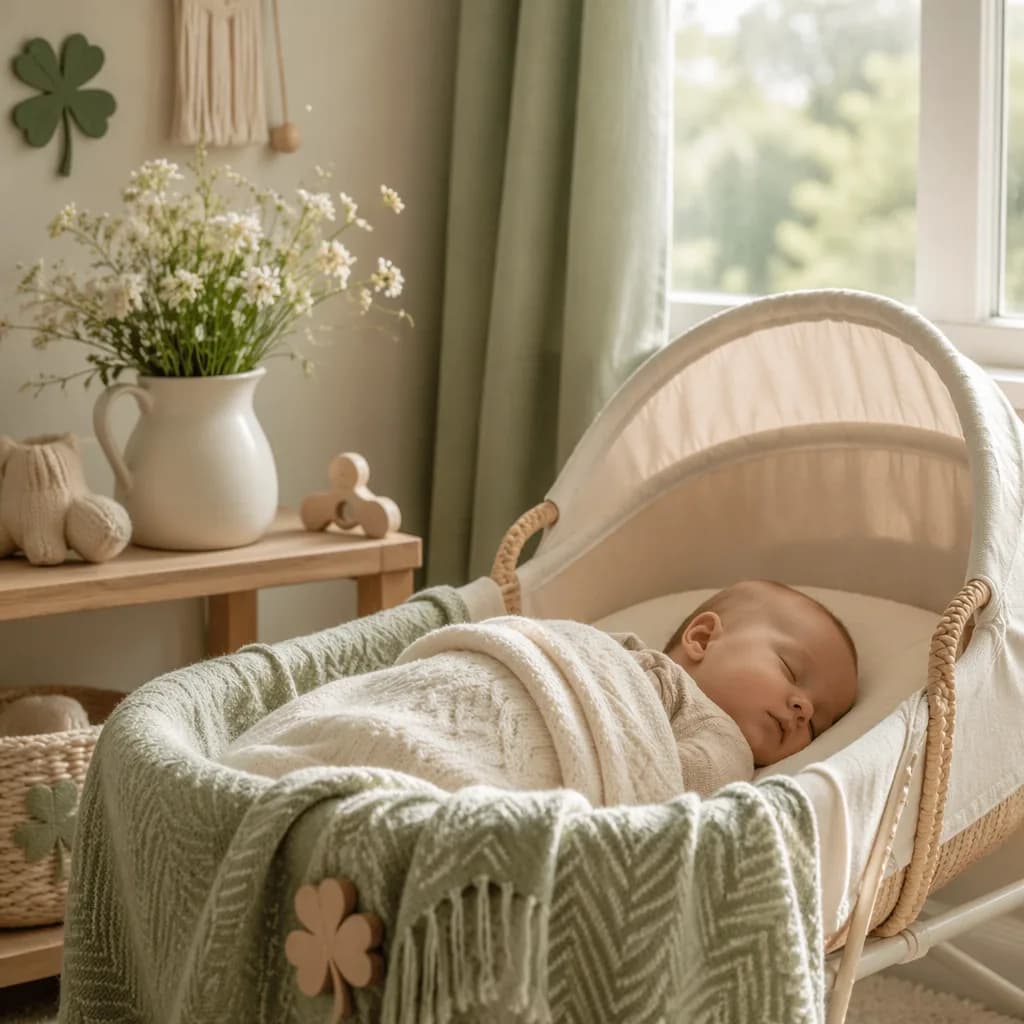 A peaceful Irish-inspired nursery with a sleeping baby in soft cream blankets.