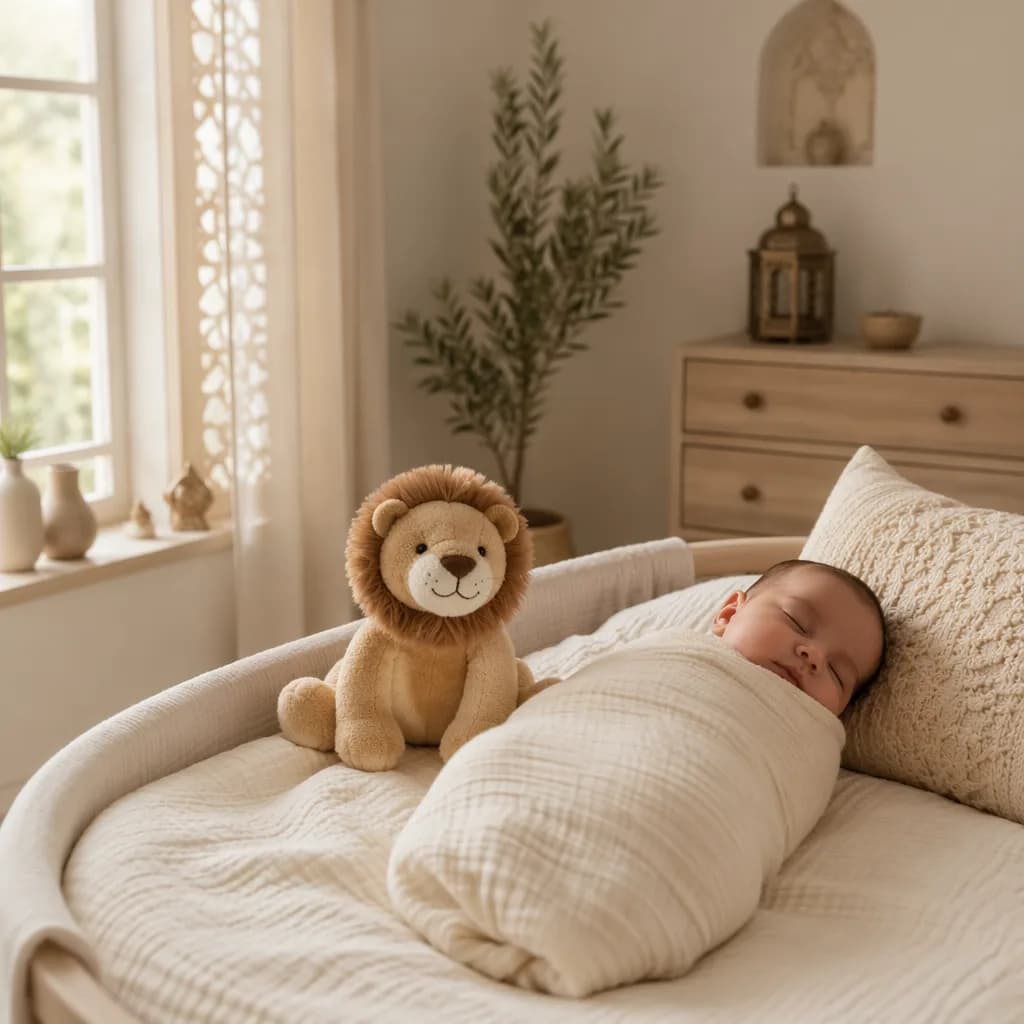 A softly lit cozy nursery with a swaddled baby and a small plush lion.