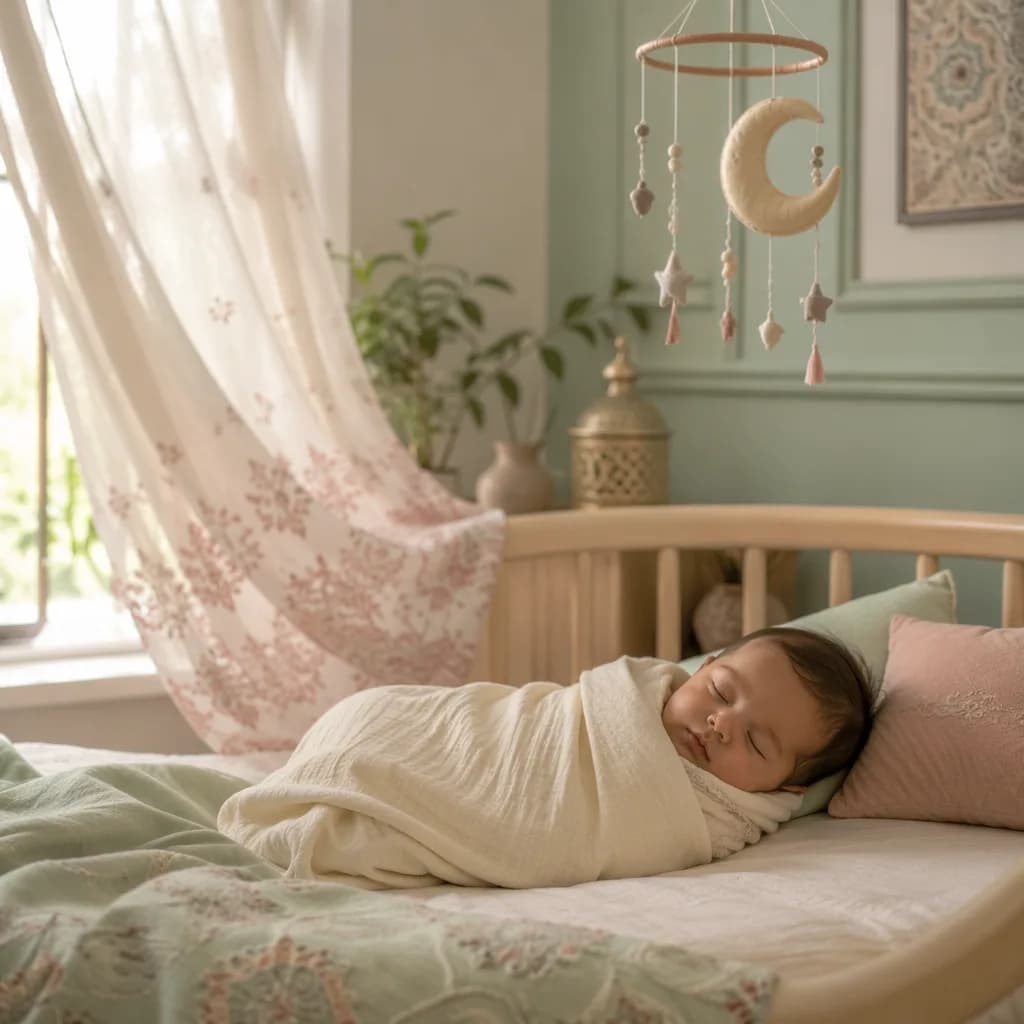 A peaceful pastel nursery with a sleeping baby and curtains softly lifted by a breeze.