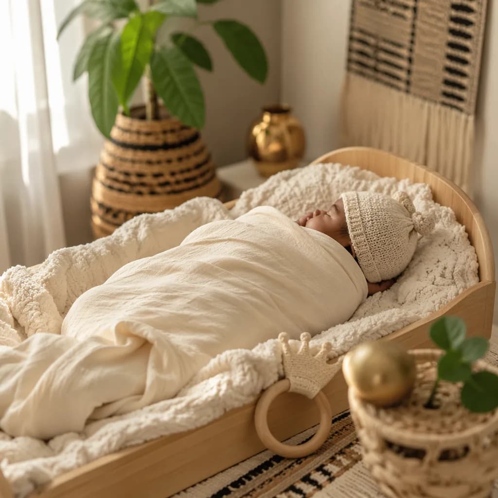 A cozy pastel nursery with a swaddled Yoruba baby and subtle cultural accents.
