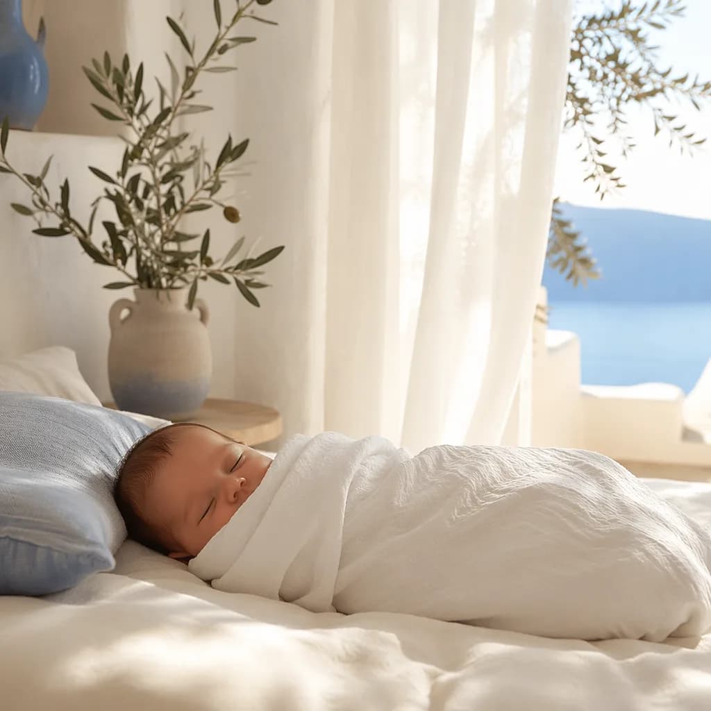 A softly lit Greek-inspired nursery with a sleeping swaddled baby and olive branch accents.