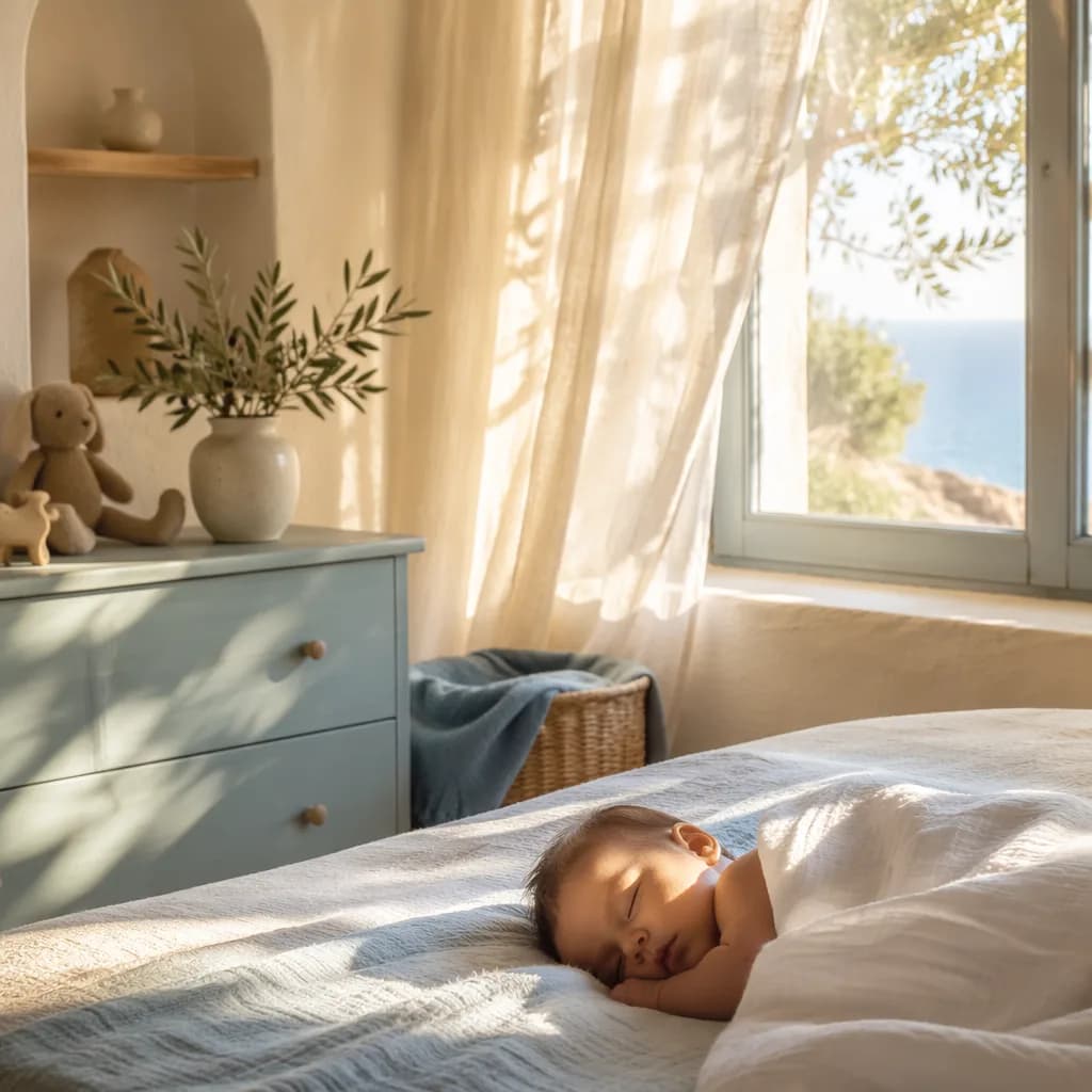 A peaceful baby nursery glowing with soft morning light and subtle Greek-inspired details.