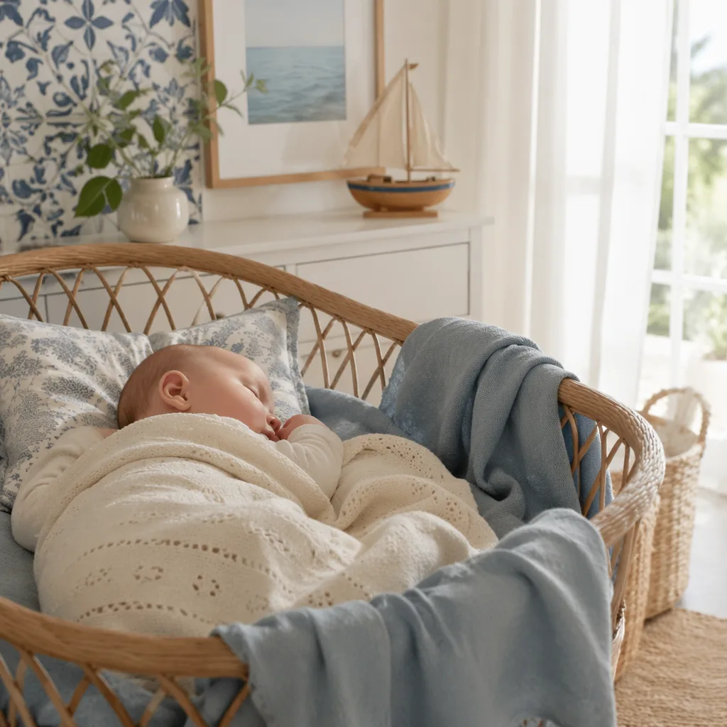 Sleeping baby in a soft coastal Portuguese-inspired nursery with pastel blankets and a wooden sailboat toy.