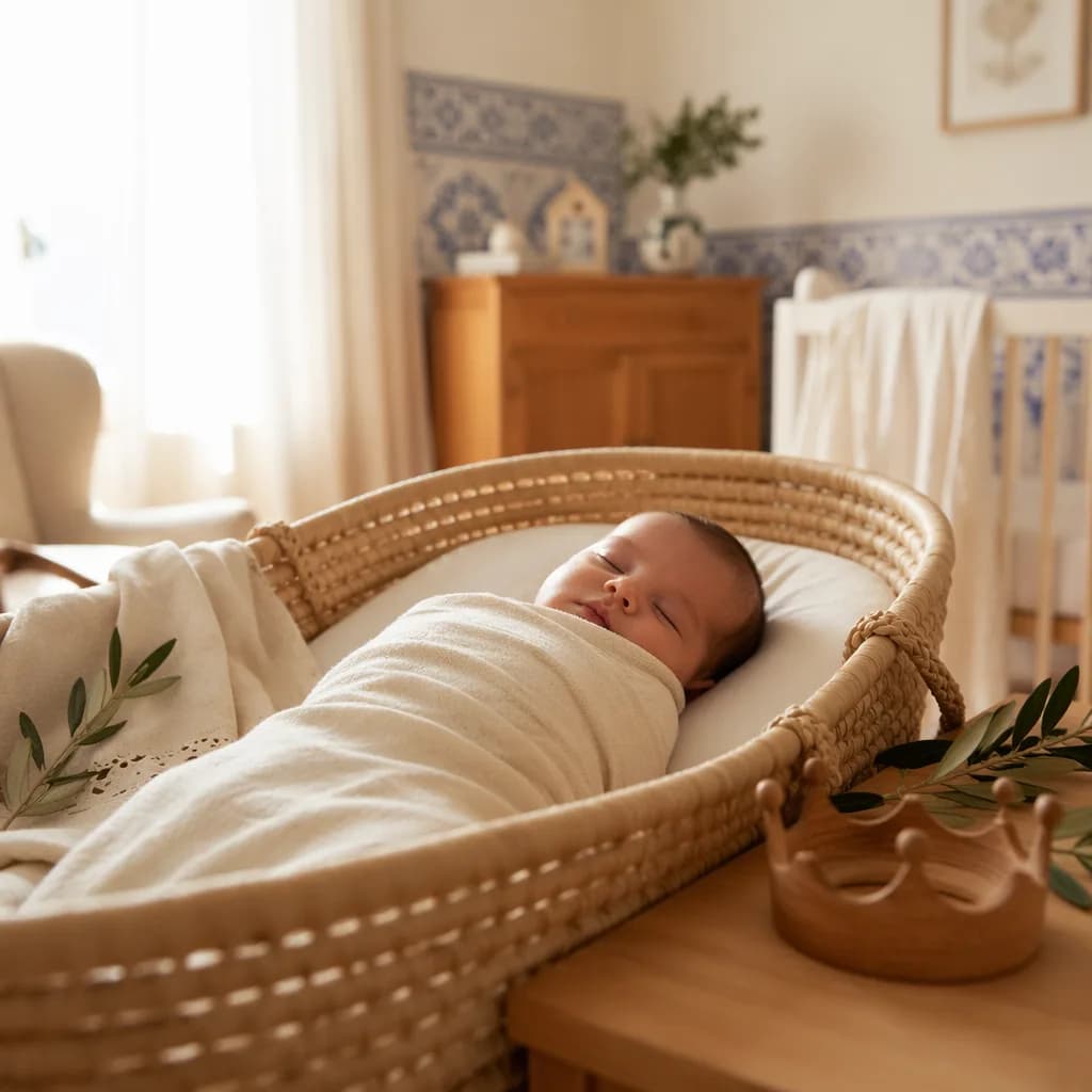 Sleeping baby in a soft pastel Portuguese-inspired nursery with a wooden crown and olive branch.