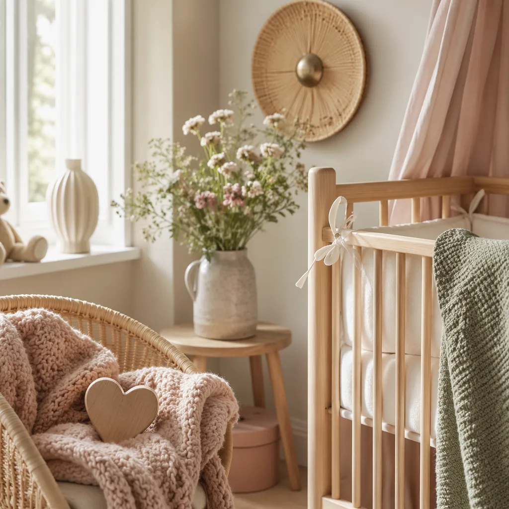 Soft Scandinavian nursery with pastel decor, flowers, and cozy baby blanket.